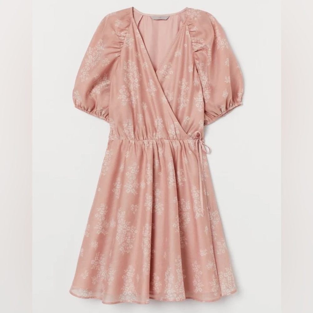 H&M Organza Powder Pink Floral Puff Sleeve Wrap Tie Front Dress Size M